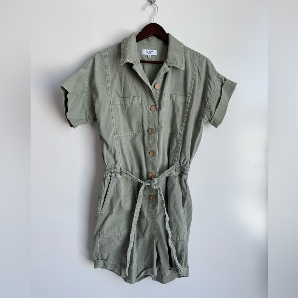 OAT‎ Green Shortall Women Medium Button Down Natural Fibers Prairie Cottagecore